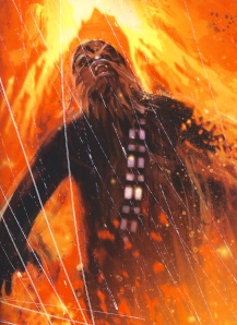 Chewbacca howls defiantly in the face of death. Image from http://img2.wikia.nocookie.net/__cb20090626185056/starwars/images/f/f6/Chewbacca_Sernpidal.jpg
